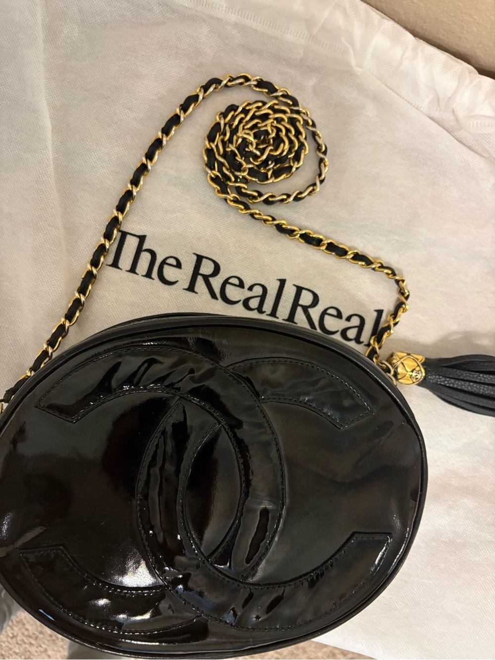 CHANEL Black Patent Leather Oval CC Crossbody with Gold Chain